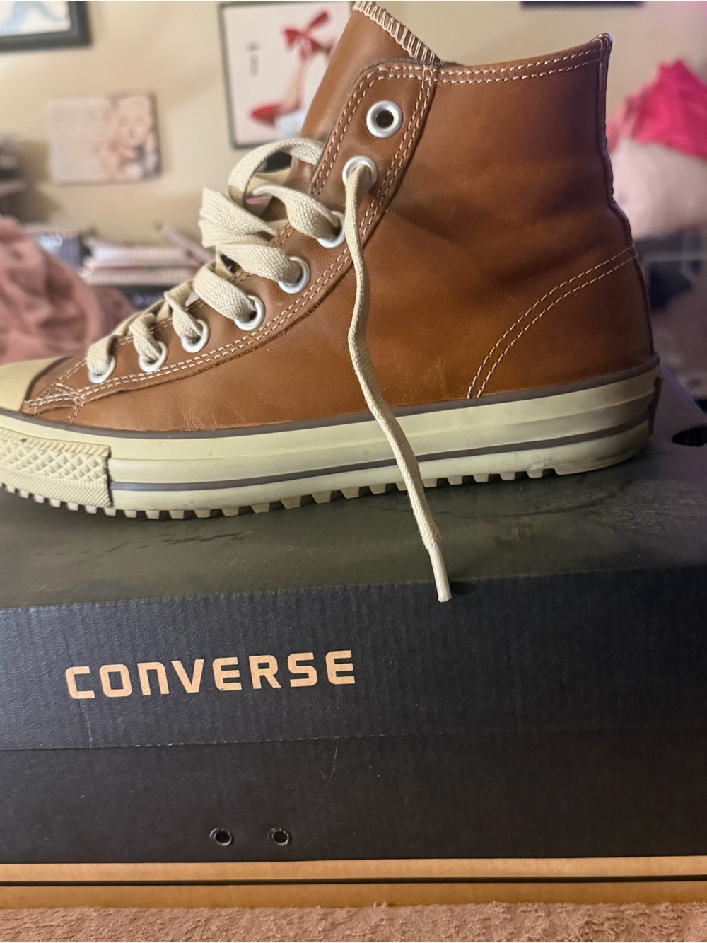 Converse women’s High-Top Leather Sneakers in Tan with Cream Laces